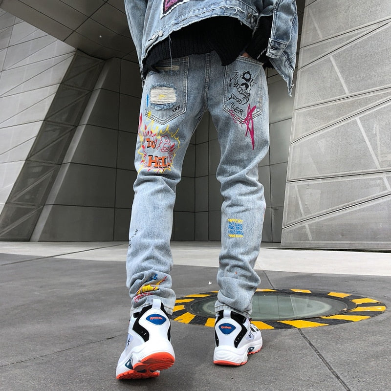 graffiti print jeans high Street Jeans Men Black Stretch Slim Fit