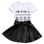 Mini Boss Printed T-shirt+PU Leather Skirt Set